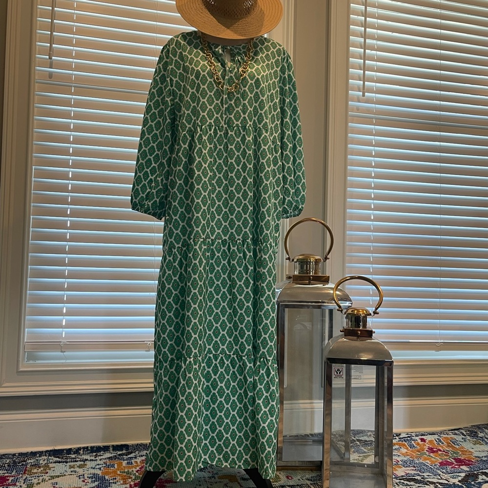 Green Lantern Sleeve Printing Long boho Dress - Picture 2 of 11